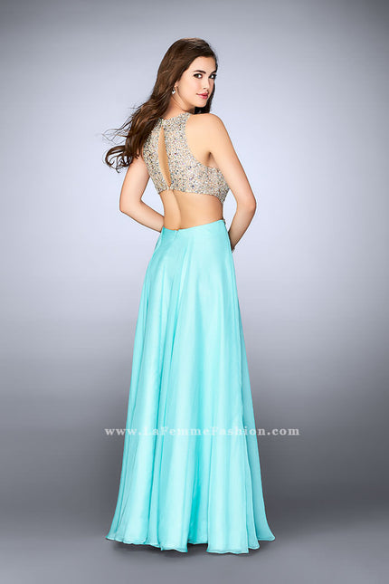 Picture of: High Neck A-line Dress with Sheer Beaded Top in Blue, Style: 23760, Back Picture