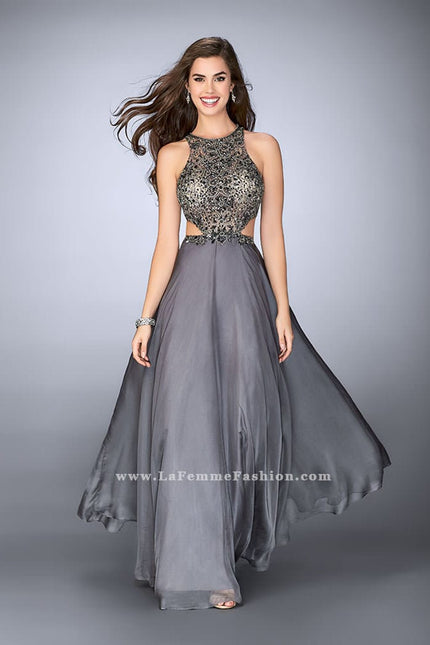 Picture of: Long Prom Dress with Beaded Top and Cut Outs in Silver, Style: 23761, Main Picture
