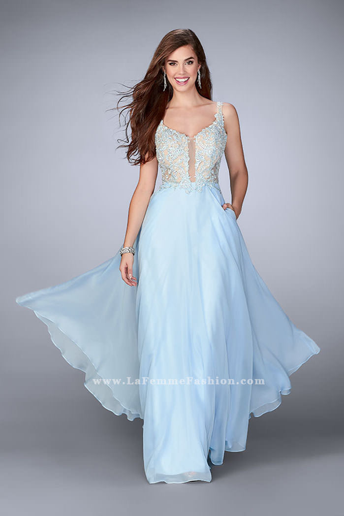 Picture of: A-line Chiffon Dress with Lace Top and Pockets in Blue, Style: 23802, Detail Picture 1