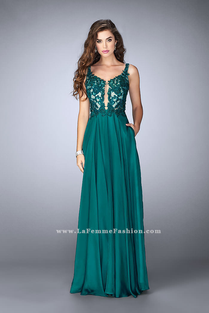 Picture of: A-line Chiffon Dress with Lace Top and Pockets in Green, Style: 23802, Detail Picture 2