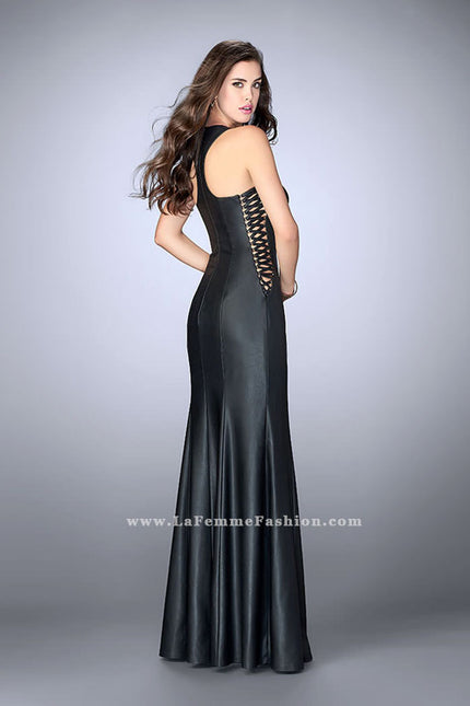 Picture of: Vegan Leather Prom Dress with Lace Up Sides and Slit in Black, Style: 23806, Back Picture