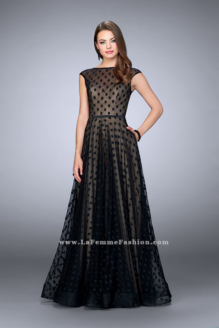 Picture of: High Neck A-line Dress with Polka Dots and Low Back in Black, Style: 23837, Main Picture