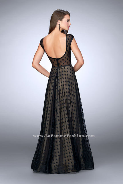 Picture of: High Neck A-line Dress with Polka Dots and Low Back in Black, Style: 23837, Back Picture