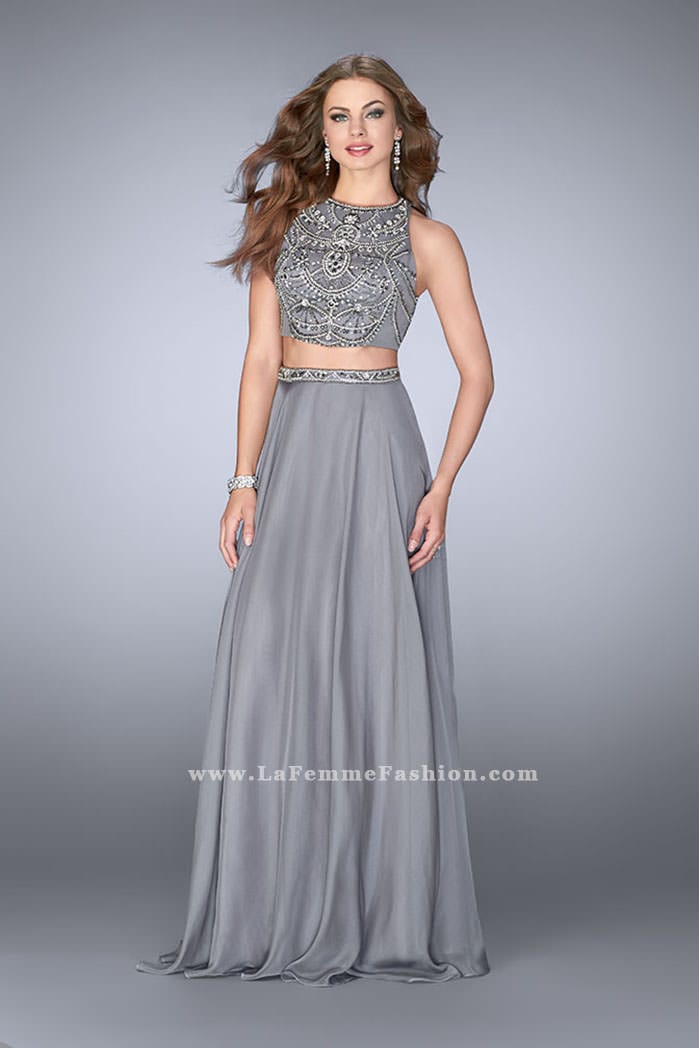 Picture of: High Neck Two Piece Dress With a Beaded Top in Silver, Style: 23860, Main Picture