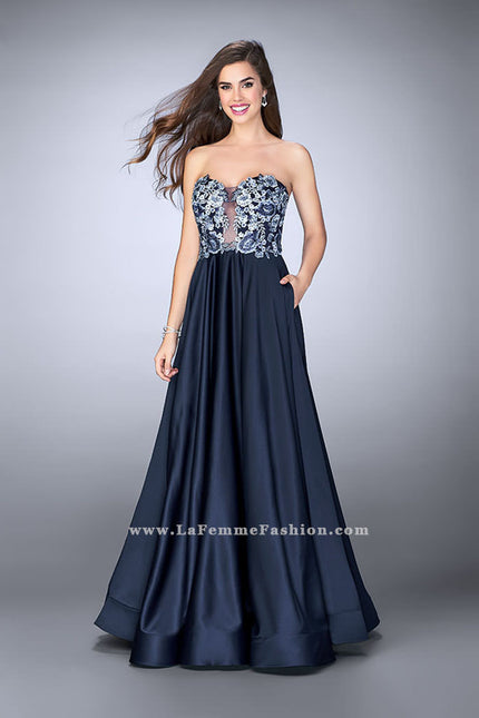 Picture of: Satin A-line Dress with Beaded Lace Top and Open Back in Blue, Style: 23881, Main Picture