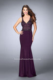 Picture of: Fitted Jersey Dress with Sheer Beaded Top and Cut Outs in Purple, Style: 23909, Detail Picture 1
