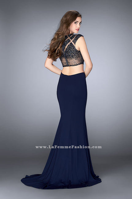 Picture of: Long Two Piece Prom Dress with cap sleeves in Blue, Style: 23910, Back Picture