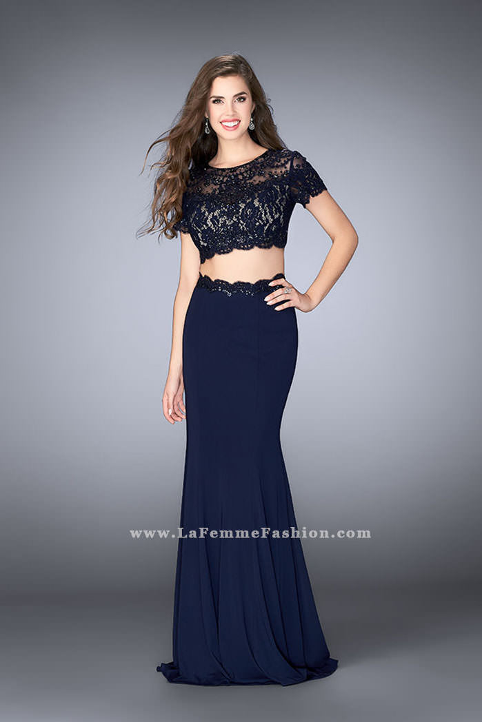Picture of: Two Piece Beaded Lace Prom Gown with Cap Sleeves in Blue, Style: 23912, Main Picture