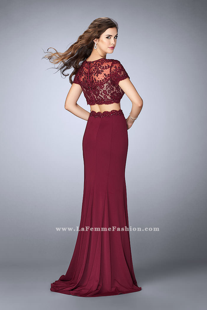 Picture of: Two Piece Beaded Lace Prom Gown with Cap Sleeves in Red, Style: 23912, Detail Picture 2