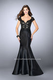 Picture of: Mikado Mermaid Dress with Lace Top and Cap Sleeves in Black, Style: 23960, Detail Picture 1