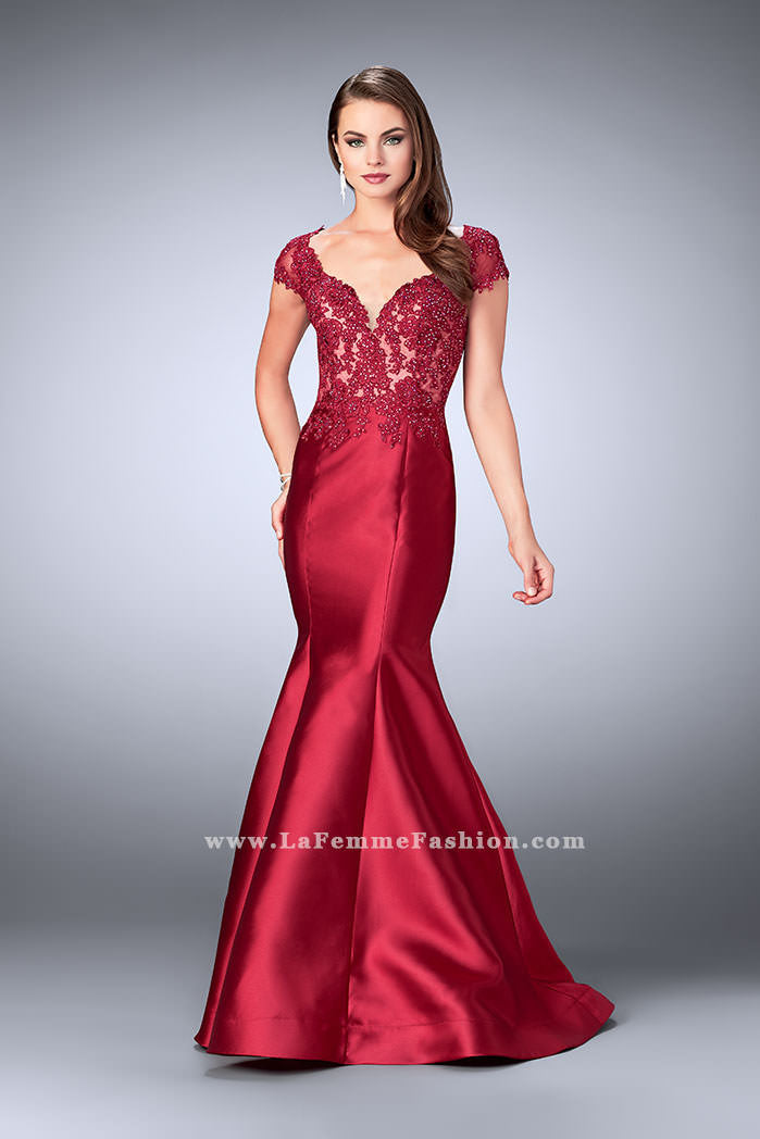Picture of: Mikado Mermaid Dress with Lace Top and Cap Sleeves in Red, Style: 23960, Detail Picture 2