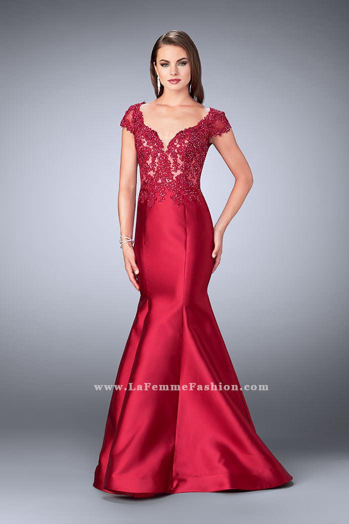 Picture of: Mikado Mermaid Dress with Lace Top and Cap Sleeves in Red, Style: 23960, Detail Picture 4