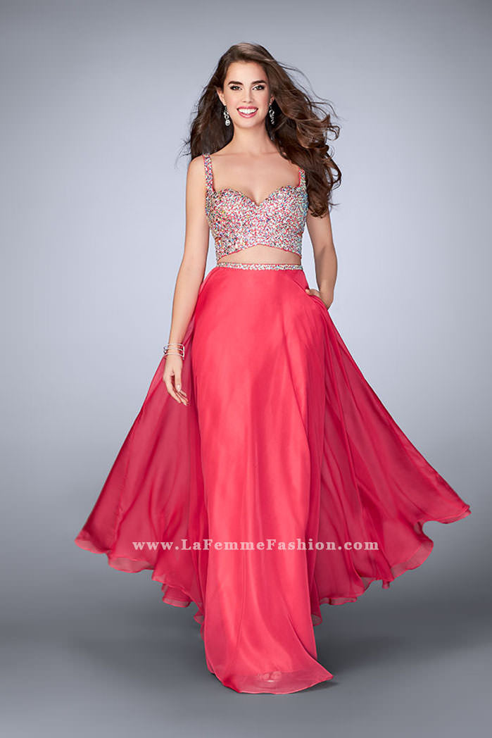 Picture of: Two Piece A-line Prom Dress with Beaded Cut Out Top in Pink, Style: 23966, Main Picture