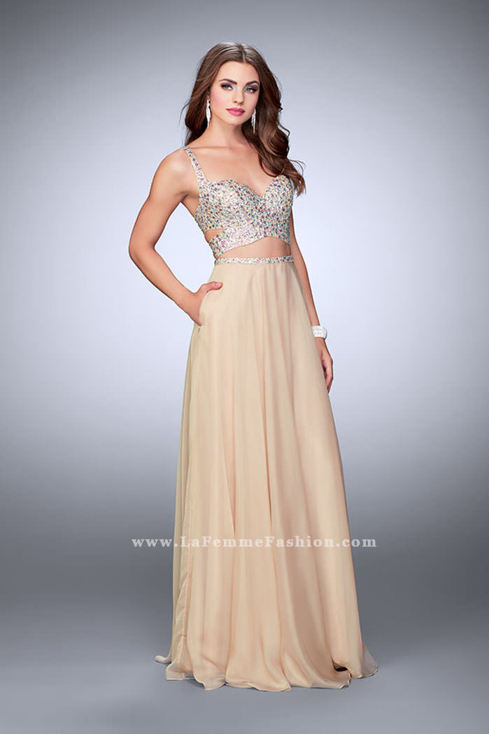 Picture of: Two Piece A-line Prom Dress with Beaded Cut Out Top in Nude, Style: 23966, Detail Picture 1