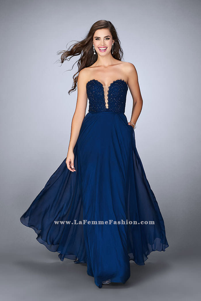 Picture of: Lace Scalloped Long Prom Dress with Pockets in Blue, Style: 23970, Main Picture