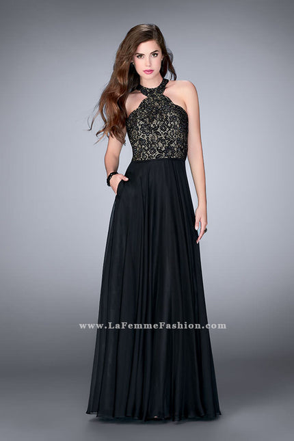 Picture of: Long High Collar A-line Prom Dress with Pockets in Black, Style: 23975, Detail Picture 1