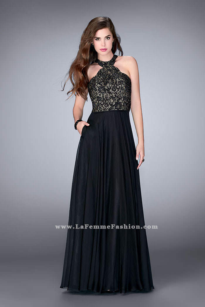 Picture of: Long High Collar A-line Prom Dress with Pockets in Black, Style: 23975, Detail Picture 1