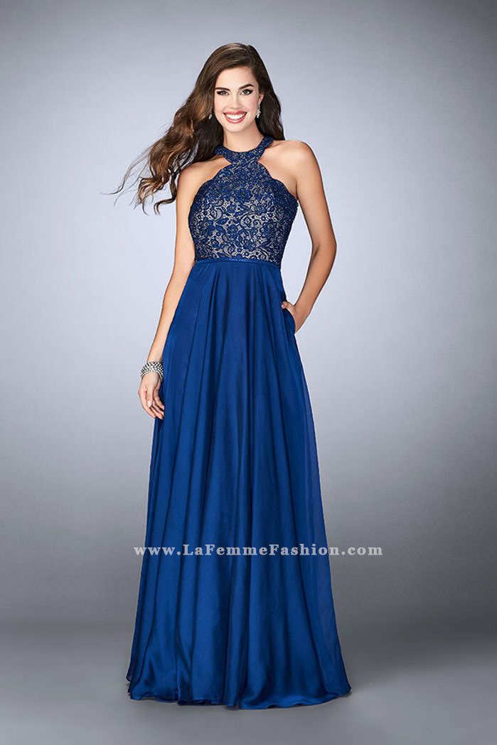 Picture of: Long High Collar A-line Prom Dress with Pockets in Blue, Style: 23975, Detail Picture 2