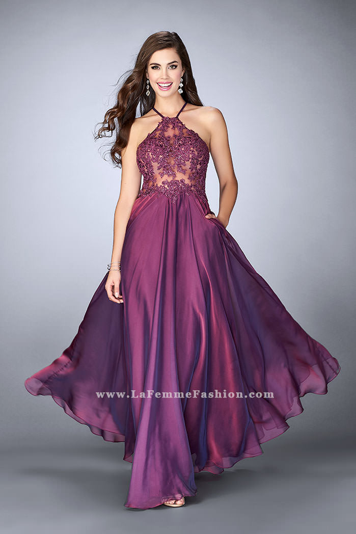 Picture of: A-line Chiffon Dress with Sheer High Neck Lace Top in Purple, Style: 23991, Main Picture