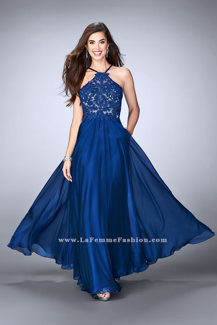 Picture of: A-line Chiffon Dress with Sheer High Neck Lace Top in Blue, Style: 23991, Detail Picture 2