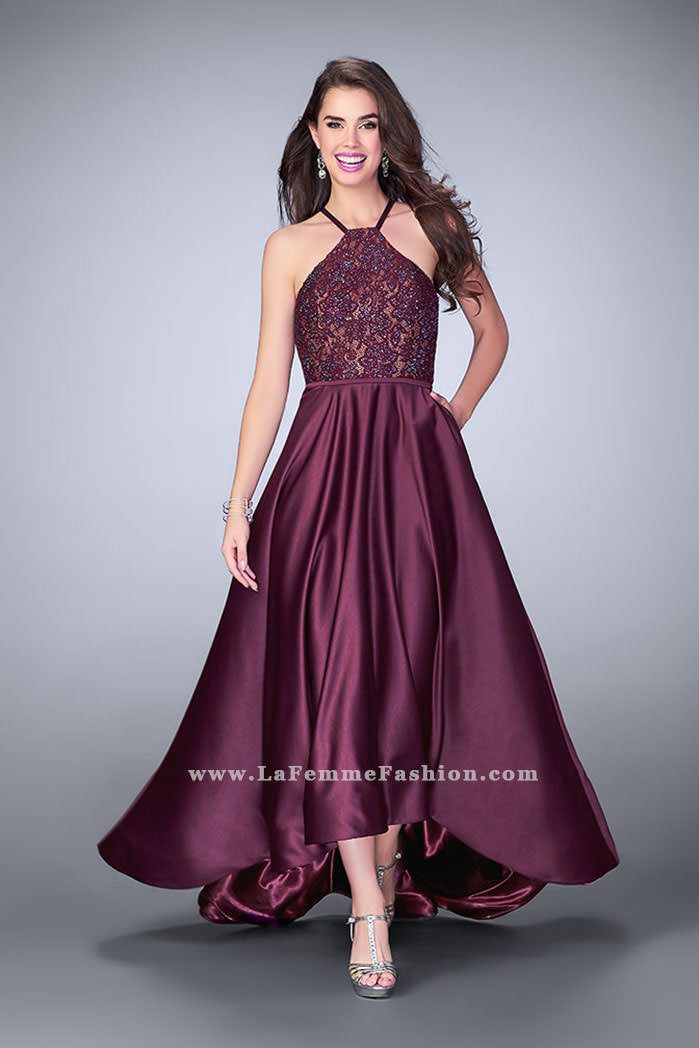 Picture of: High Low A-line Dress with Lace Top and Satin Skirt in Purple, Style: 24012, Main Picture