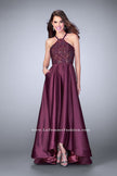 Picture of: High Low A-line Dress with Lace Top and Satin Skirt in Purple, Style: 24012, Detail Picture 1