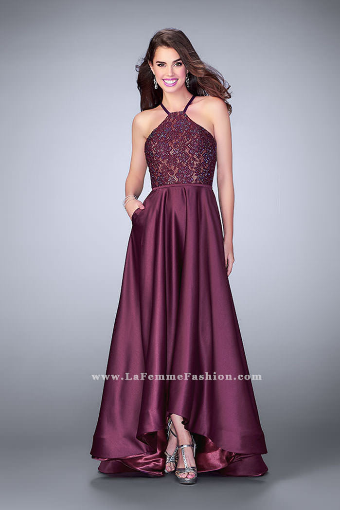 Picture of: High Low A-line Dress with Lace Top and Satin Skirt in Purple, Style: 24012, Detail Picture 1