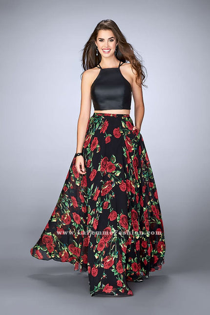 Picture of: Two Piece Floral A-line Dress with Vegan Leather Top in Print, Style: 24014, Main Picture