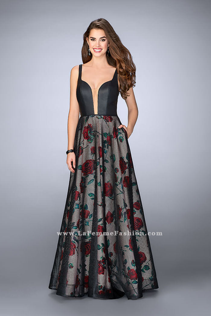 Picture of: Long A-line Rose Print Gown with Vegan Leather Top in Print, Style: 24025, Main Picture