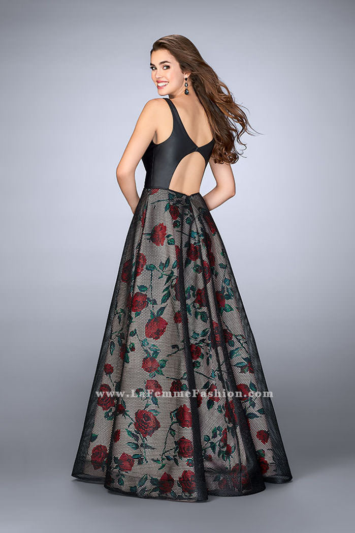 Picture of: Long A-line Rose Print Gown with Vegan Leather Top in Print, Style: 24025, Back Picture