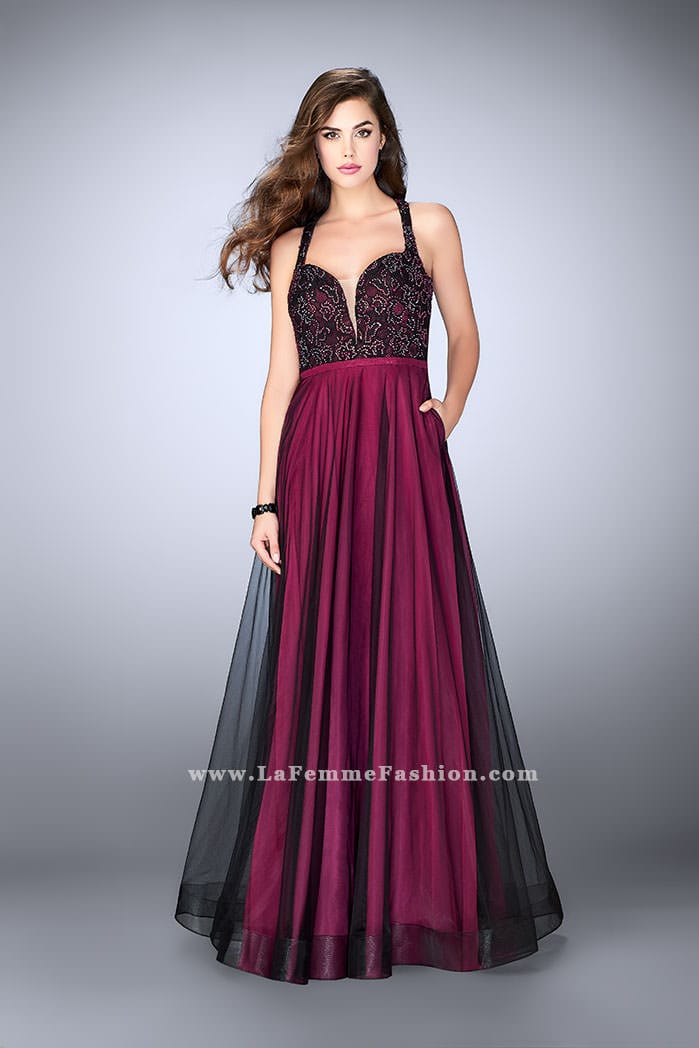 Picture of: A-line Tulle Dress with Lace Top and Deep V Neckline in Pink, Style: 24034, Detail Picture 1