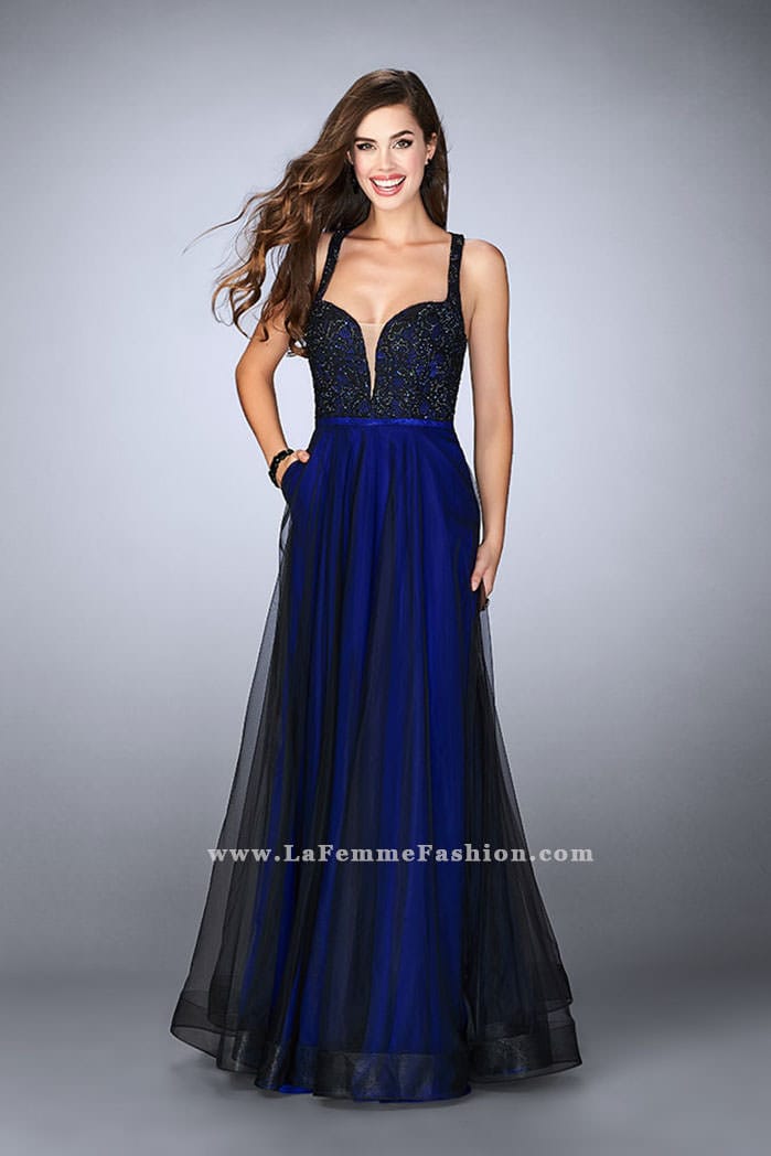 Picture of: A-line Tulle Dress with Lace Top and Deep V Neckline in Blue, Style: 24034, Detail Picture 2