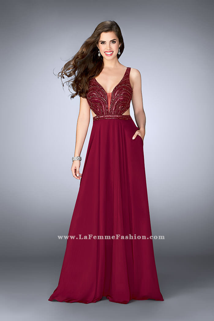 Picture of: A-line Chiffon Dress with Beaded Top and Open Back in Red, Style: 24050, Main Picture