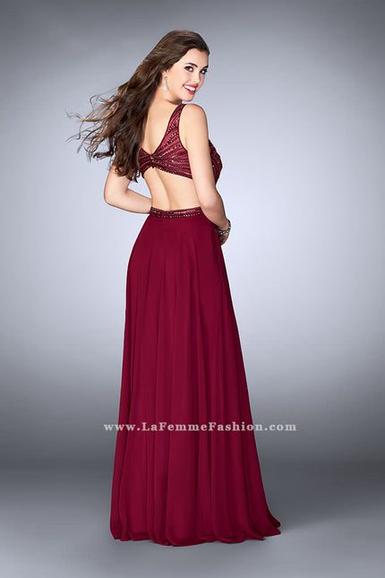 Picture of: A-line Chiffon Dress with Beaded Top and Open Back in Red, Style: 24050, Back Picture