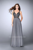 Picture of: A-line Chiffon Dress with Beaded Top and Open Back in Silver, Style: 24050, Detail Picture 1