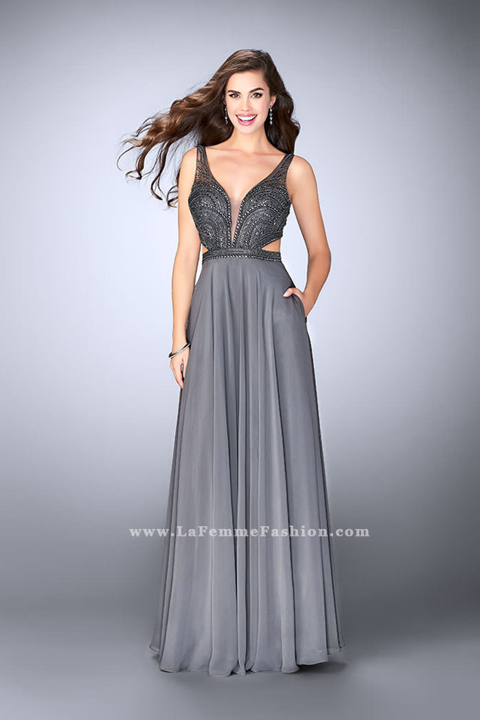 Picture of: A-line Chiffon Dress with Beaded Top and Open Back in Silver, Style: 24050, Detail Picture 1