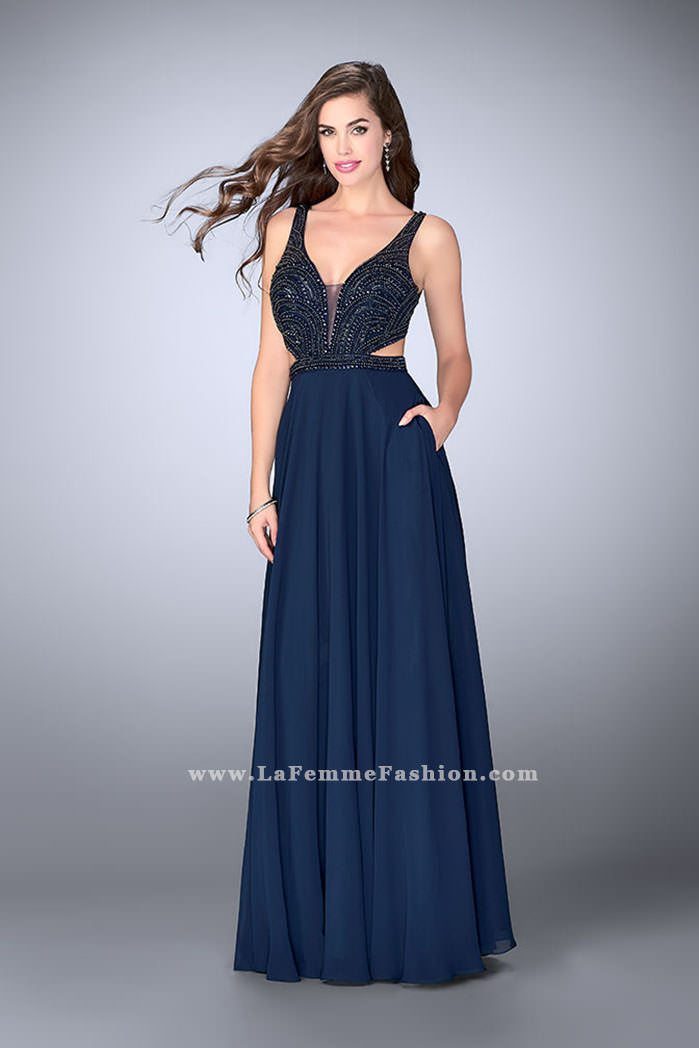 Picture of: A-line Chiffon Dress with Beaded Top and Open Back in Blue, Style: 24050, Detail Picture 2