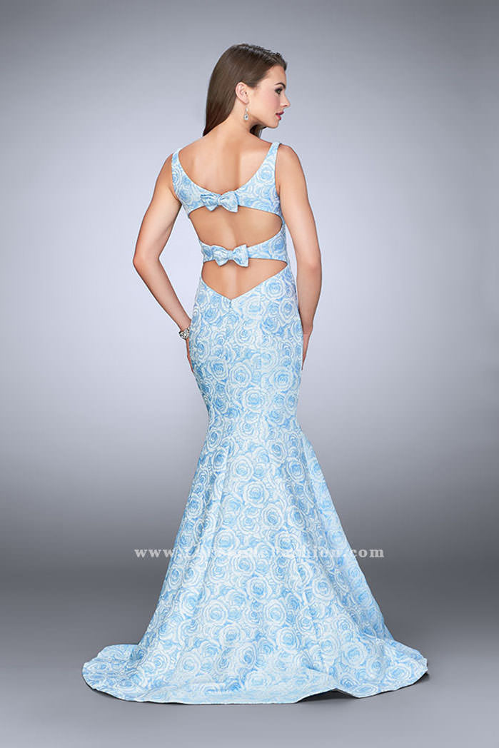 Picture of: Rose Printed Prom Dress with Mermaid Skirt and Bow in Blue, Style: 24063, Back Picture