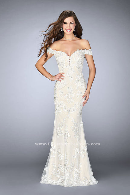 Picture of: Long Tulle Prom Dress with Beaded Lace Appliques in White, Style: 24068, Main Picture