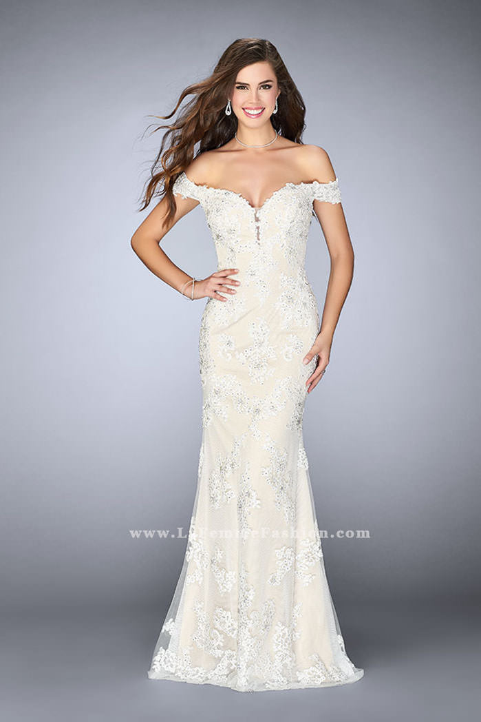 Picture of: Long Tulle Prom Dress with Beaded Lace Appliques in White, Style: 24068, Main Picture