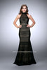 Picture of: Striped Fishnet Prom Dress with Keyhole in Black, Style: 24076, Main Picture