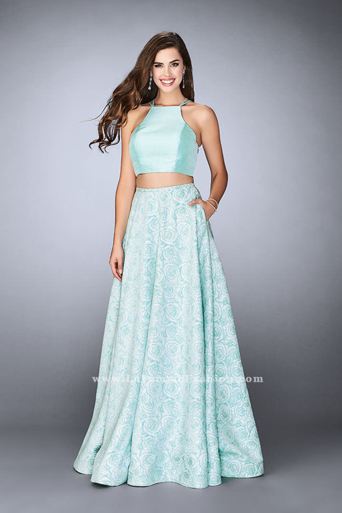 Picture of: Floral Two Piece A-line Dress with High Neck Top in Blue, Style: 24101, Main Picture
