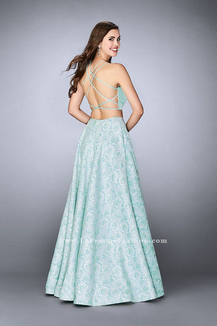 Picture of: Floral Two Piece A-line Dress with High Neck Top in Blue, Style: 24101, Back Picture