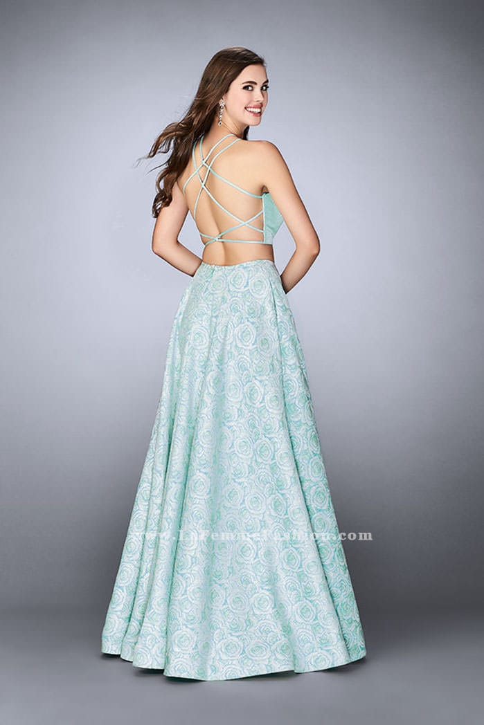 Picture of: Floral Two Piece A-line Dress with High Neck Top in Blue, Style: 24101, Back Picture
