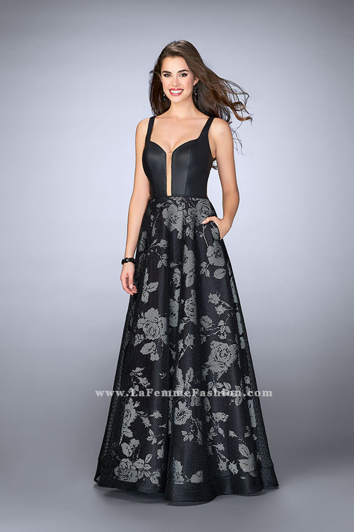 Picture of: Long Floral A-line Prom Dress with Pockets in Black, Style: 24114, Main Picture