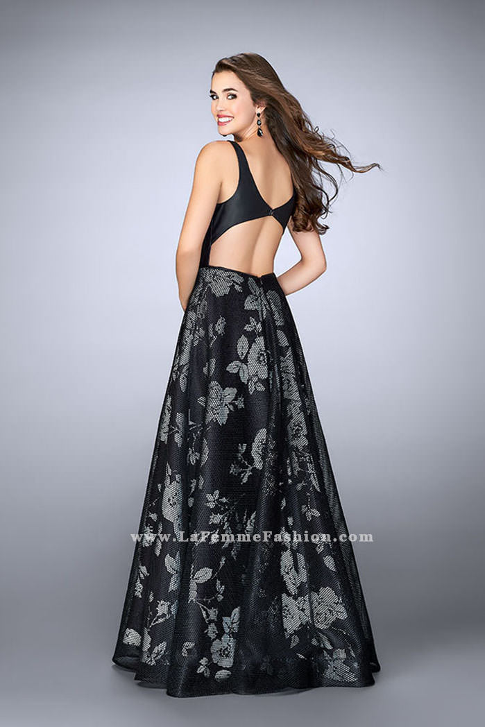 Picture of: Long Floral A-line Prom Dress with Pockets in Black, Style: 24114, Back Picture