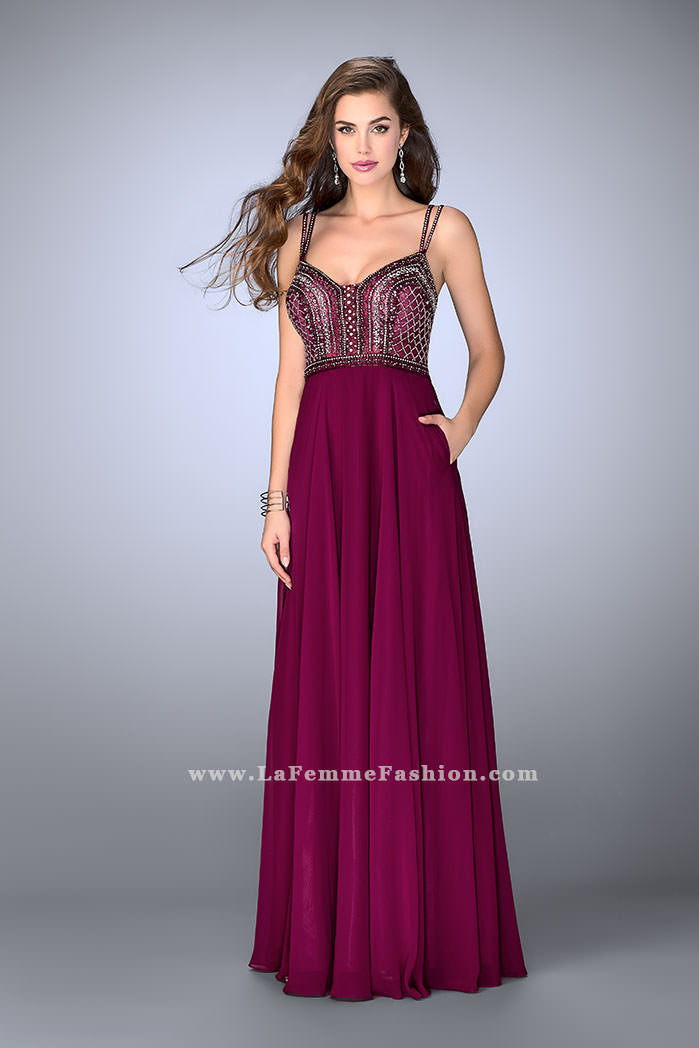 Picture of: Chiffon A-line Dress with Beaded Top and Cutout Back in Pink, Style: 24121, Main Picture