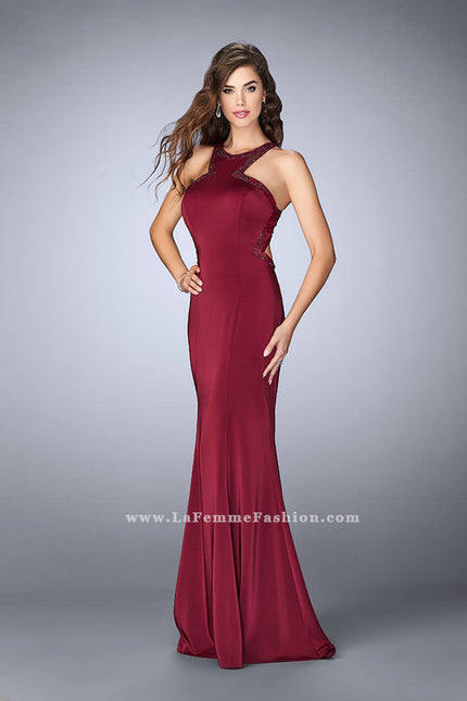 Picture of: Long Jersey Prom Dress with Beaded Neckline in Red, Style: 24127, Back Picture