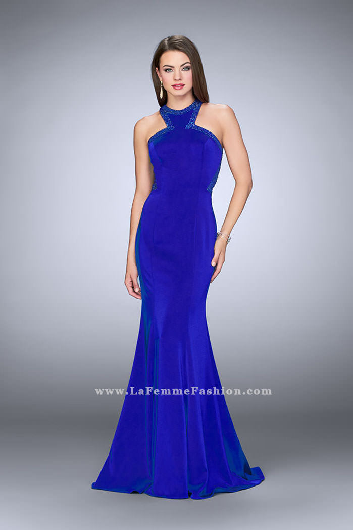 Picture of: Long Jersey Prom Dress with Beaded Neckline in Blue, Style: 24127, Detail Picture 3