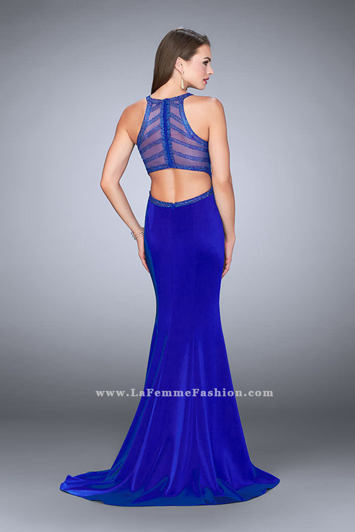 Picture of: Long Jersey Prom Dress with Beaded Neckline in Blue, Style: 24127, Detail Picture 4